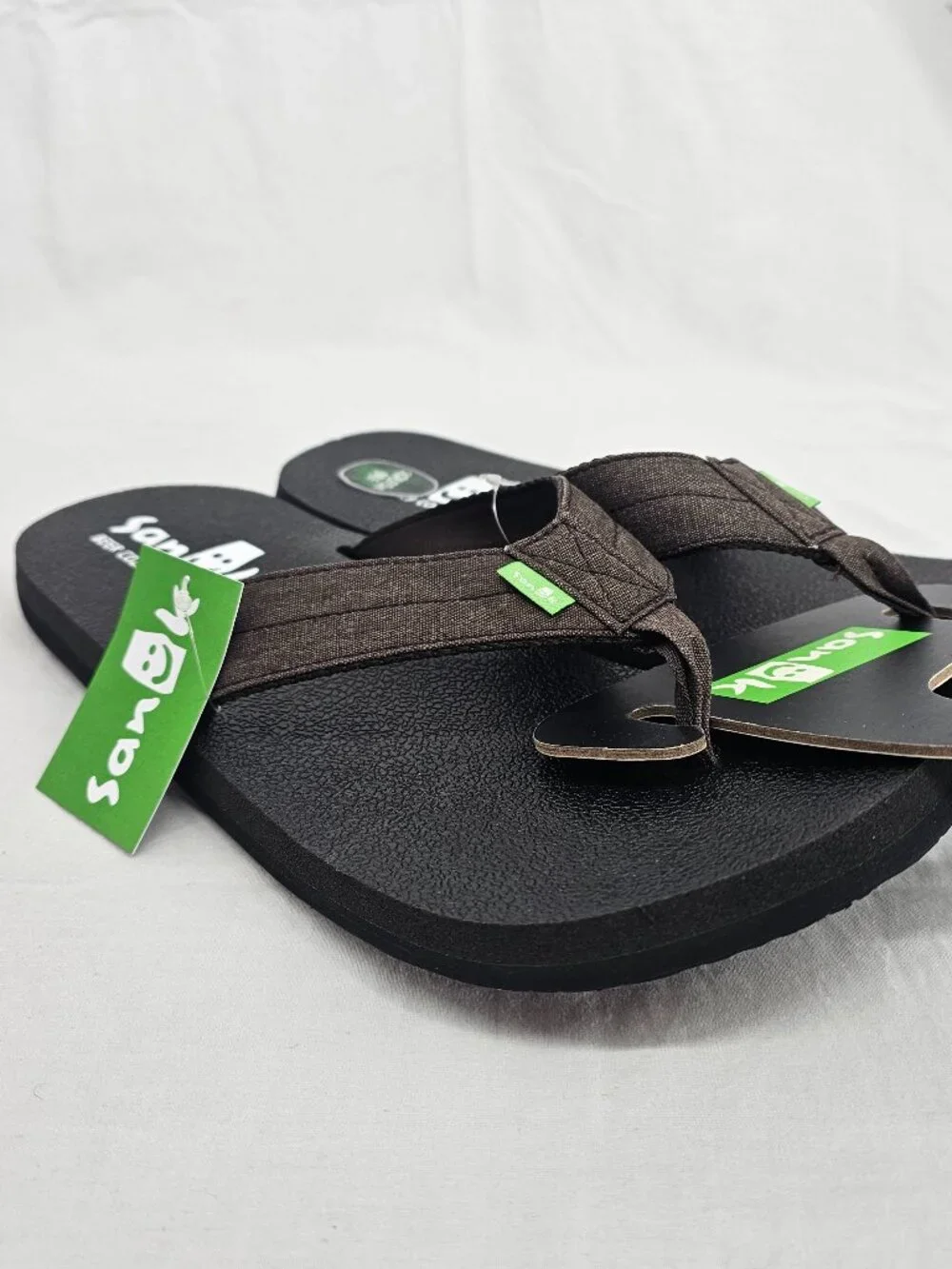 Sanuk Beer Cozy Coaster Comfort TX Flip Flops Brown Strap Black Soles Men's 12